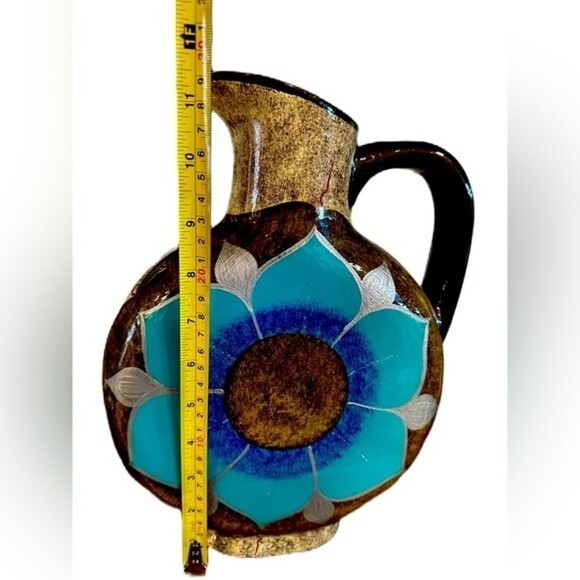 Mexican Cabo San Lucas Clay Pottery Floral Turquoise Pattern Pitcher By Domingo - Picture 7 of 12